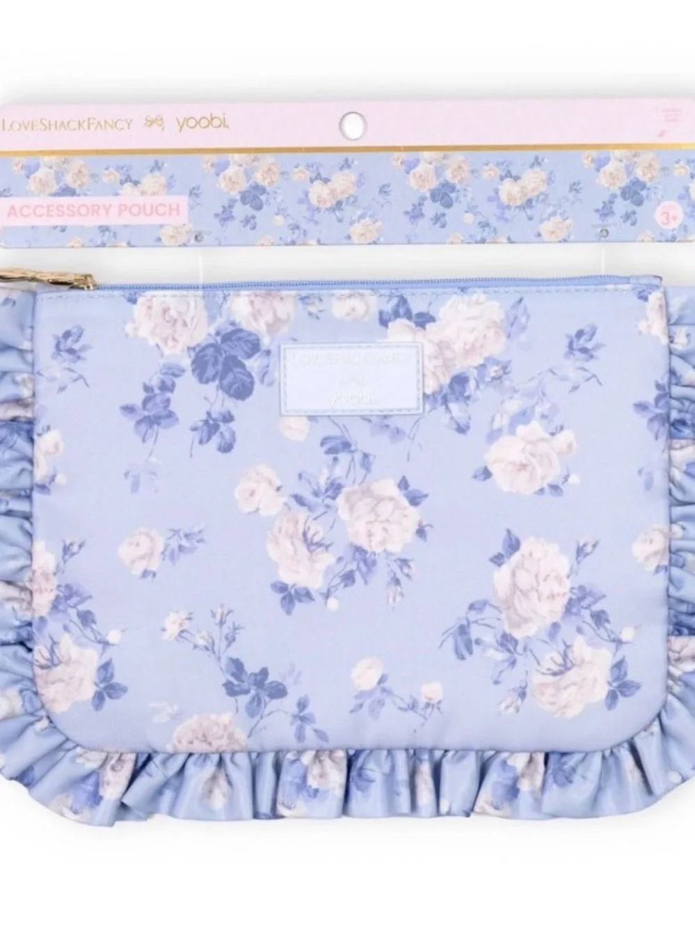 LoveShackFancy Floral Ruffle Cosmetic Pouch in Light Blue and Cream